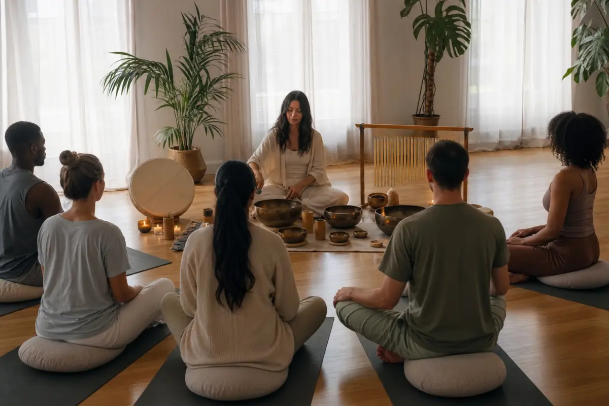 A guided sound and attention practice in a calm studio