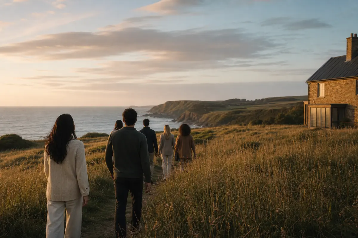 A small retreat group walking beside the coast at sunset